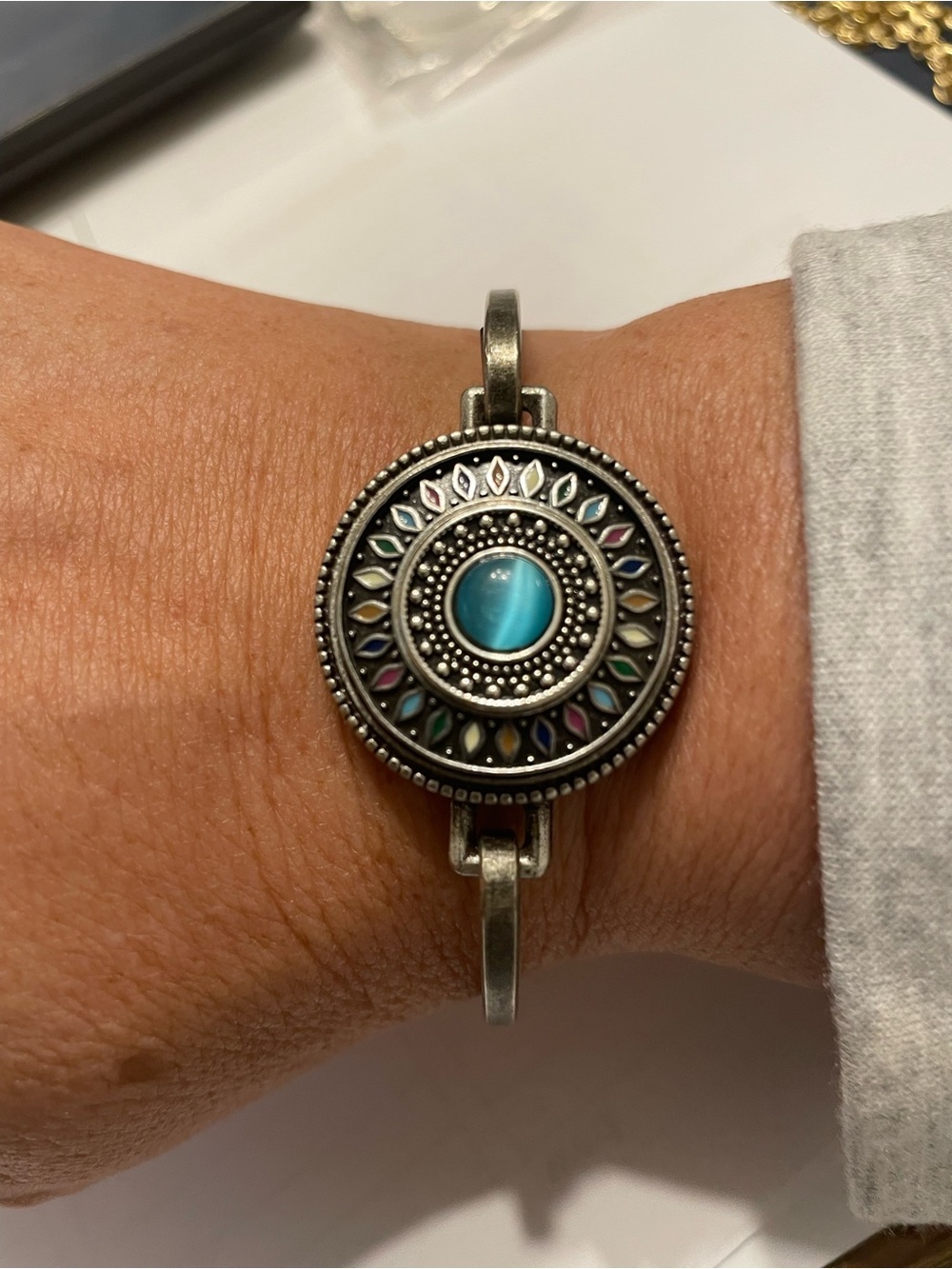 Bohemian Turquoise Center Silver-Tone Bangle Bracelet